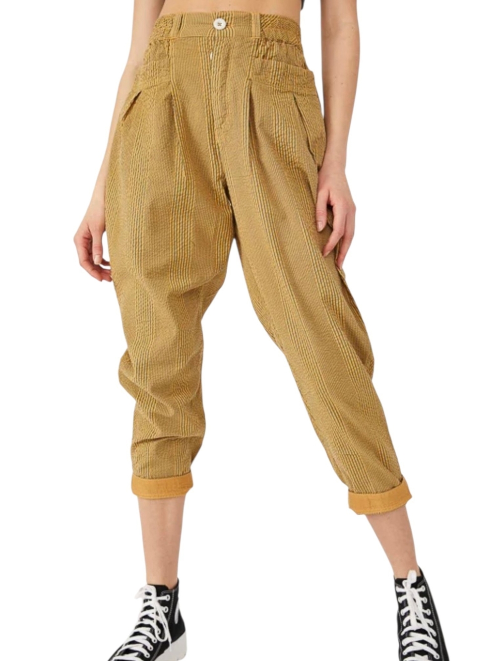 Free People Make A Stand Striped Harem Barrel Pants L Mustard Cotton Gardencore